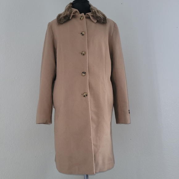 Charles Klein Tan 100% Wool Women's Coat Size 16 With Faux Collar Removable Fur - Picture 1 of 14